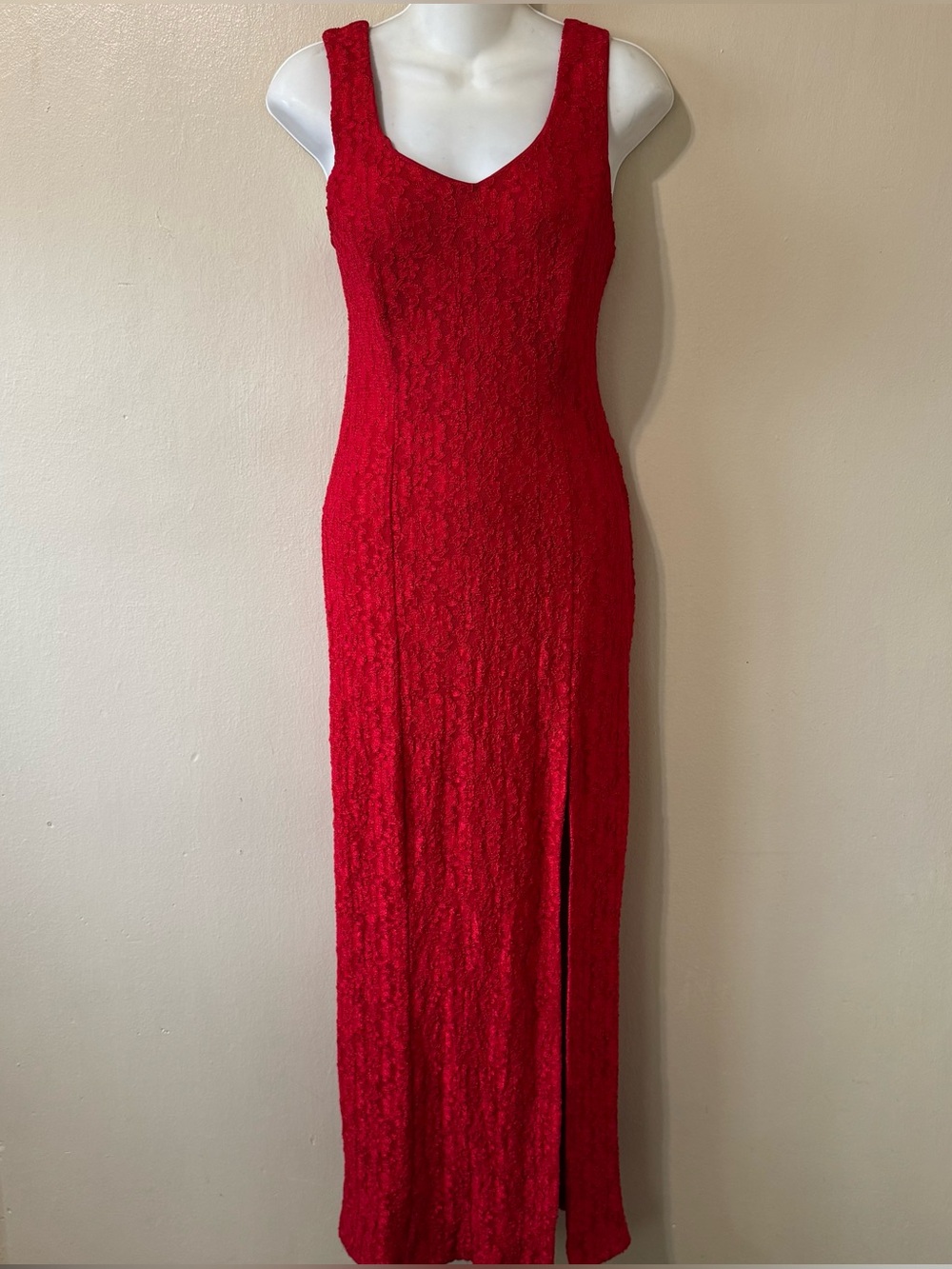 Vintage red lace maxi dress with high leg slit